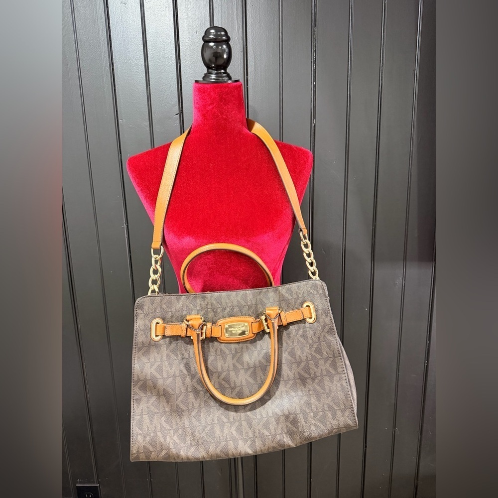 Michael Kors Large Brown Satchel Leather Shoulder Tote Bag Gold Accents MK Logo - Picture 13 of 13